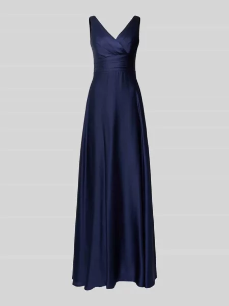 Sukienka maxi z satyny z dekoltem w serek i drapowaniami Troyden Collection granatowa