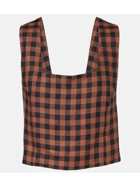 Lniany top Asceno w kratkę brązowy