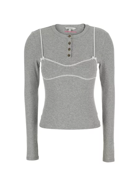 Lung tricou Markgong din dantelă cu guler henley gri