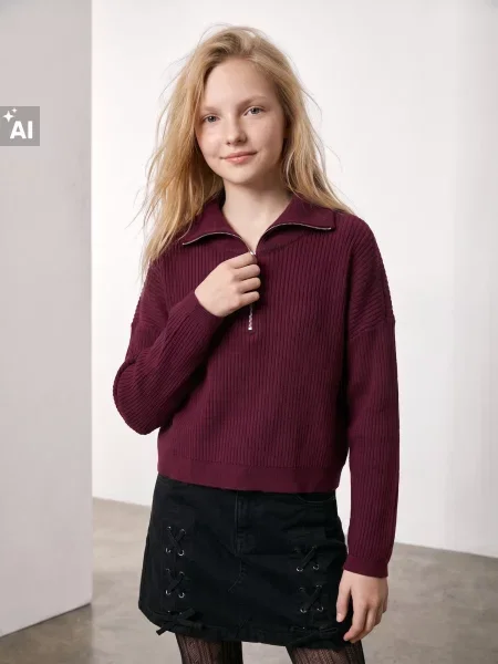 Sinsay Žebrovaný svetr half-zip s viskózou kaštanová