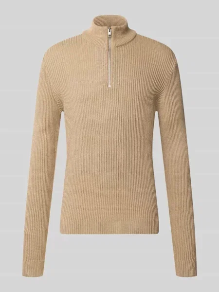 Sweter z dzianiny z kołnierzem zapinanym model PANNEL' Jack & Jones beżowy