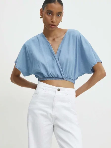 Дънкова блуза Answear Lab дамска с изчистен дизайн синьо