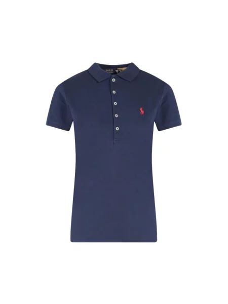 Koszulka polo Ralph Lauren z autografem ze stretchu z siateczki niebieska