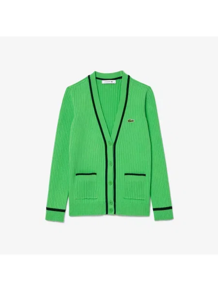 Lacoste Kardigan Dekolt W Kształcie Litery V Prążkowana Dzianina 3D zielony