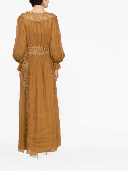 Λινή μακρύς φόρεμα Alberta Ferretti καφέ