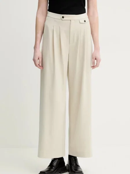 Gestuz pantaloni din lana femei drept high waist bej