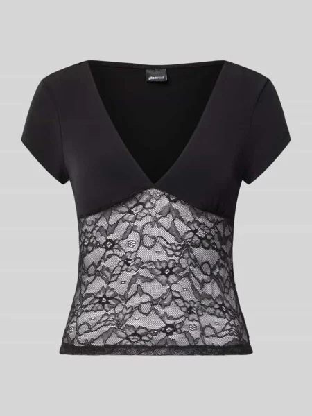 T-shirt z dekoltem w serek i koronką Gina Tricot czarna