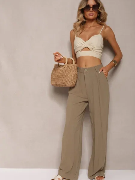 Pantaloni largi închis cu talie înaltă din in și Apoises verde