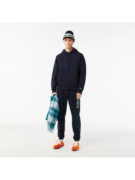 Lacoste Bluza Z Kapturem Z Nadrukiem Relaxed Fit czarna