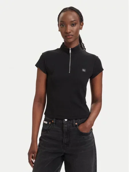 Calvin Klein Jeans crop top ženski od pamuka s elastanom crna