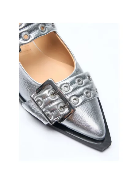 GANNI baleriny Feminine Buckle Ballerina Metallic srebrny z odkrytą piętą szare