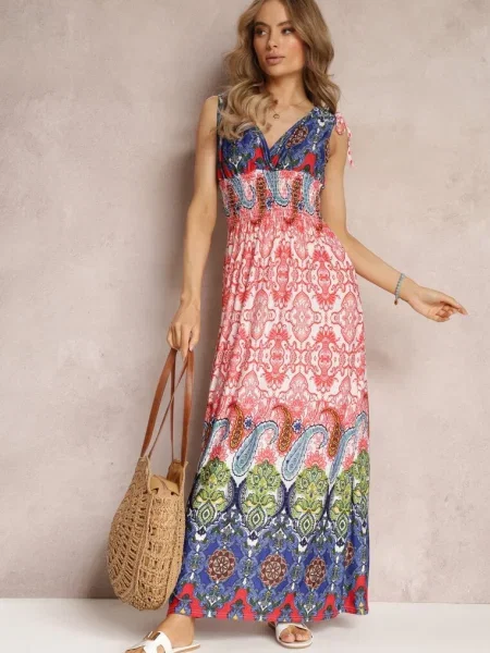 Czerwono-Granatowa Sukienka Maxi w Stylu Boho z Gumką w Pasie Bernette czerwona