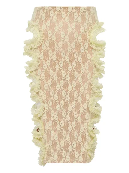 Fustă midi Self-portrait din dantelă până la genunchi galben