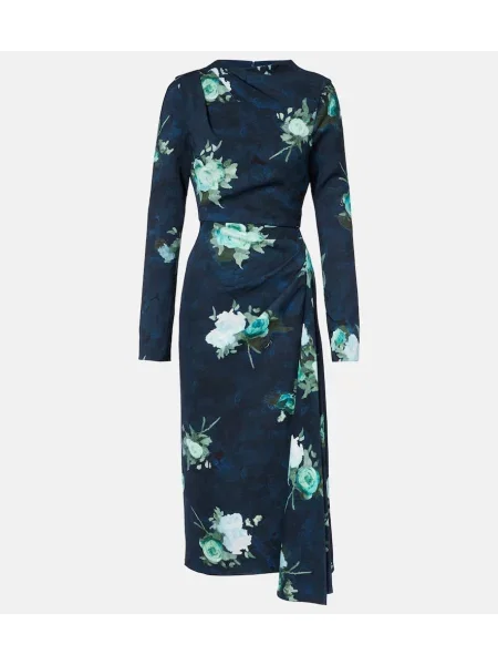 Rochie midi Erdem cu model floral drapată până la genunchi albastru