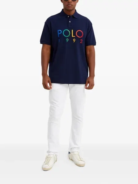 Кожена карирана поло тениска Polo Ralph Lauren бродирана бяло