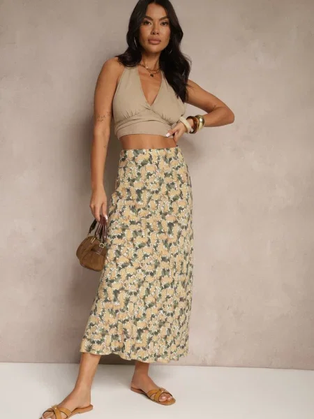 Zielono-Beżowa Rozkloszowana Spódnica z High Waist Fevanice beżowa