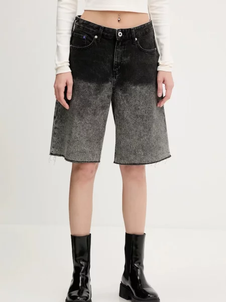 Karl Lagerfeld Jeans pantaloni scurți jeans gri cu imprimeu high waist negru