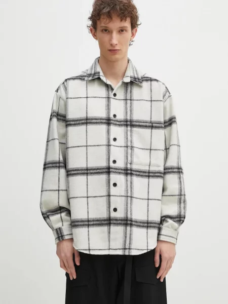 Košile s příměsí vlny MKI MIYUKI ZOKU Check Flannel Shirt relaxed s klasickým límcem CHECK.FLANNEL.SHIRT.OFF béžová