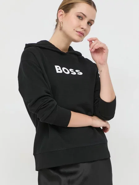 Bombažen pulover BOSS s kapuco črna
