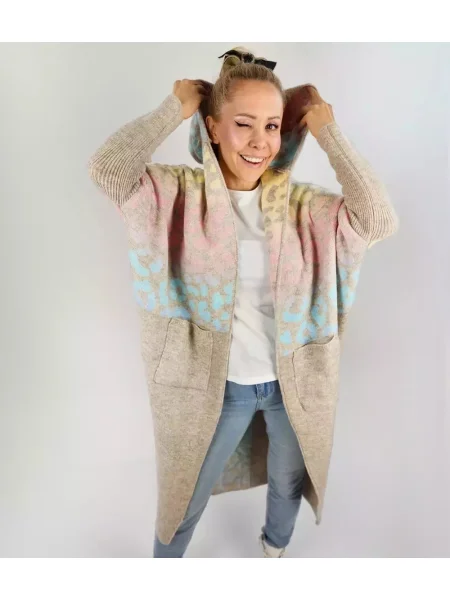 Cardigan Pri de lână cu model leopard lung albastru