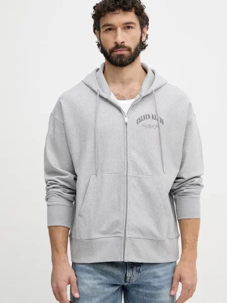 Calvin Klein Jeans bluza rozpinana z kapturem z bawełną szara