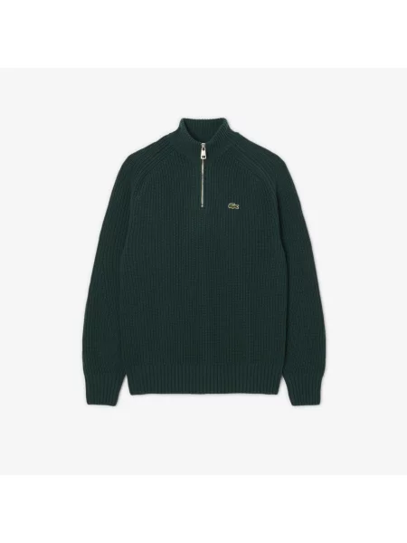 Lacoste Gruby Sweter Z Wełny Czesanej Z Zamkiem Pod Szyją szary