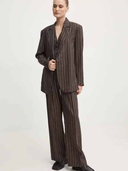 Льняний жакет Day Birger et Mikkelsen Emile Casual Linen Stripe однобортний візерунок коричневий