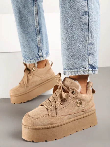 Ciemnobeżowe Sneakersy z Ekozamszu na Grubej Podeszwie Wyściełane Futerkiem Senavel beżowe