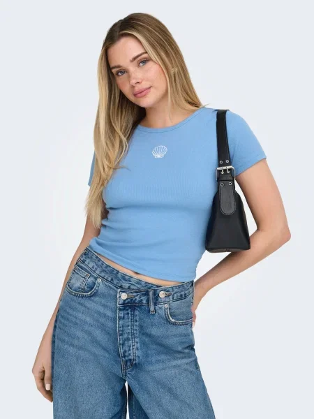 ONLY Tricou ONLELVA JUNE albastru deschis alb