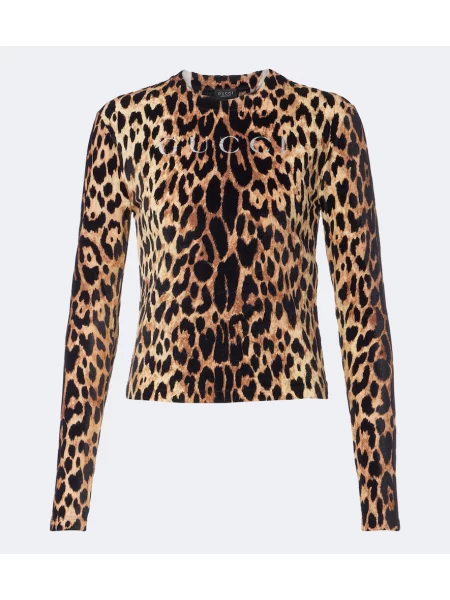 Tricou Gucci cu imagine cu model leopard din jerseu maro