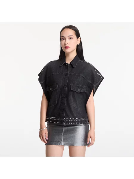 Košile AllSaints Alba Stud Ss Shirt Shadow Black 10 černá