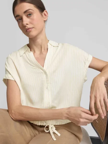 Bluzka z krótkim rękawem o kroju relaxed fit z czystej z dekoltem w serek Tom Tailor beżowa