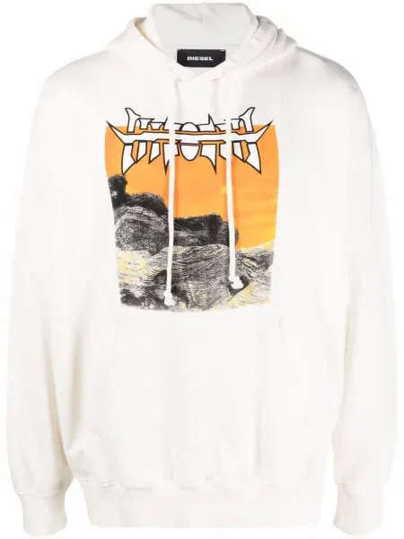 Hanorac cu glugă Diesel din jerseu alb