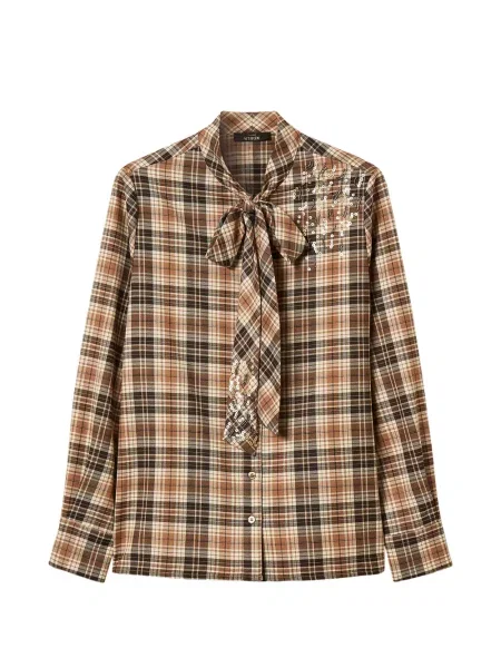 Cămașă Twinset cu broderie în carouri de flanelă maro