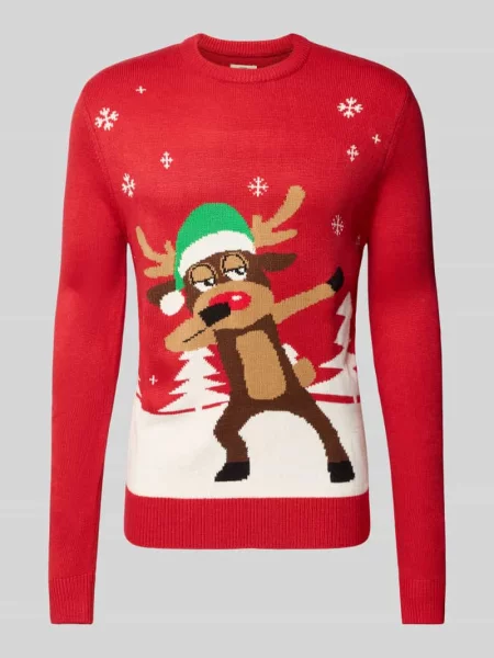 Sweter o kroju slim fit z imitacji dzianiny Montego czerwony