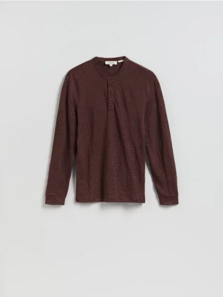 Reserved Lniany longsleeve henley mahoniowy