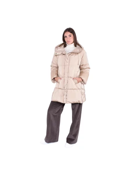 Parka Weekend Max Mara w paski z kapturem do kolan beżowa