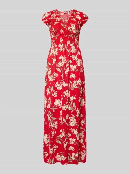 Długa sukienka z z dekoltem w serek i marszczonymi detalami Apricot czerwona