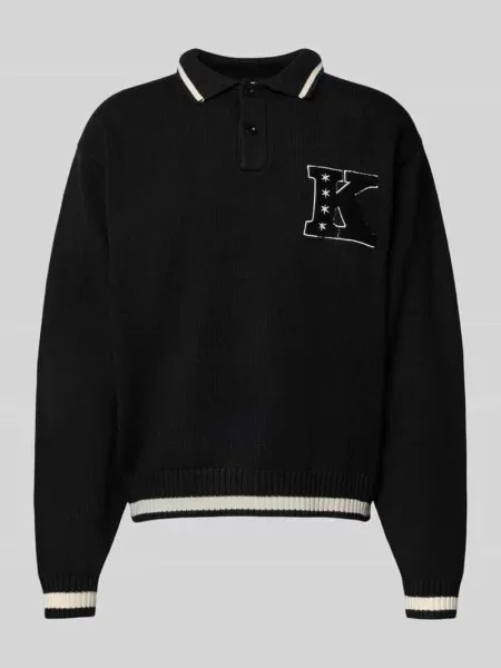 Sweter z dzianiny z kołnierzykiem polo i haftem Karl Kani czarny