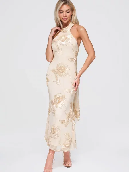 Rochie maxi Edoti cu gât halter maro