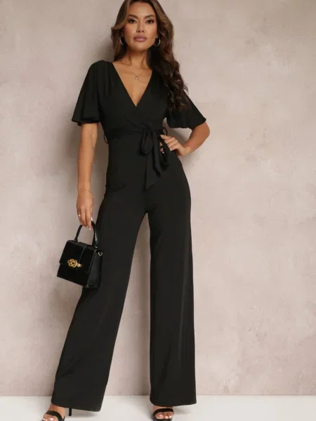 Salopetă Lungă cu Legătură și Decolteu Adânc Tip Petrecere Sumya neagră