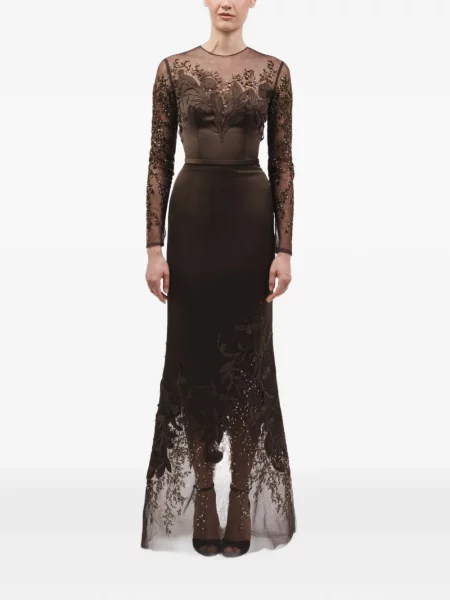 Rochie maxi Rami Al Ali cu model floral cu aplicații maro