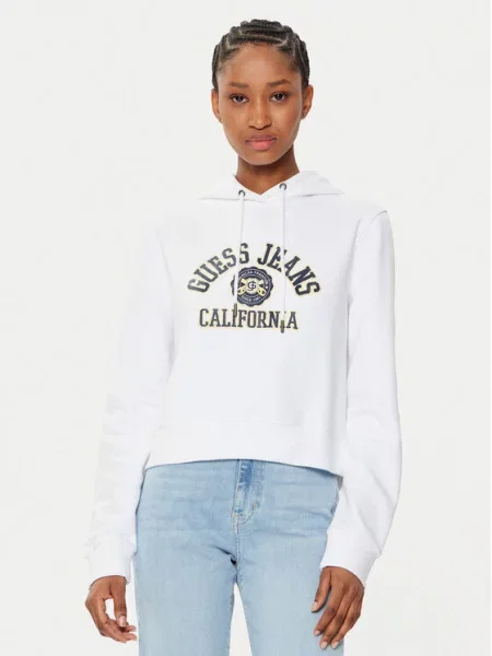 Guess Jeans bluza z kapturem z nadrukiem biały
