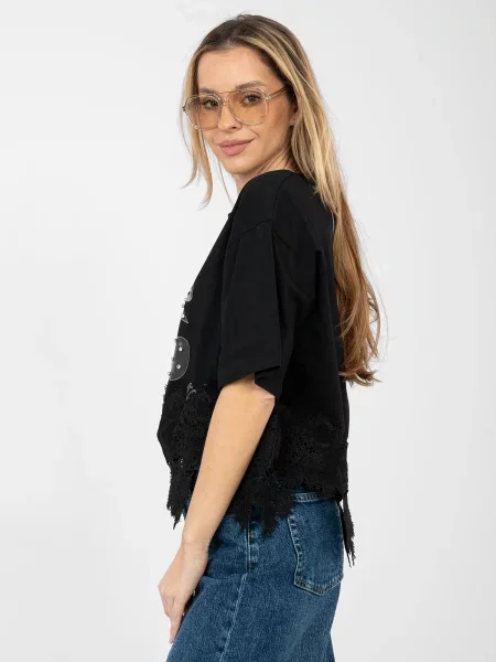 Bluza Factory Price s potiskom s čipko črna