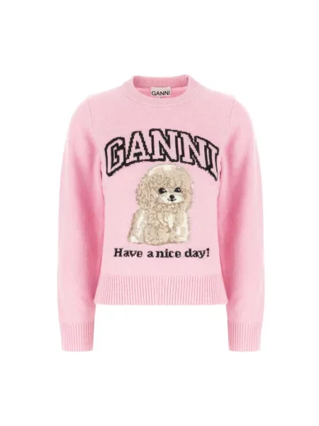 Sweter Ganni wełniany z nadrukiem różowy