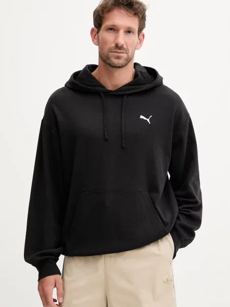 Puma pulover s kapuco z bombažem Essentials Elevated črna