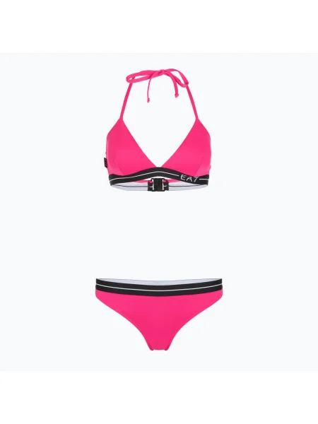 Costum de baie din două piese pentru femei Emporio Armani Logo Tape Bikini Triangle neon pink roz