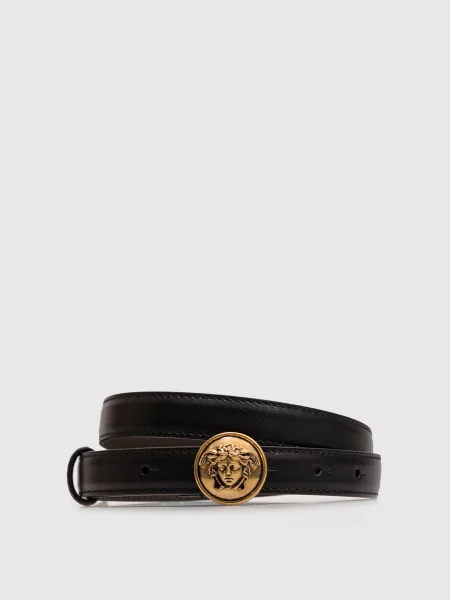 Шкіряний ремінь з фактурною емблемою Versace чорний