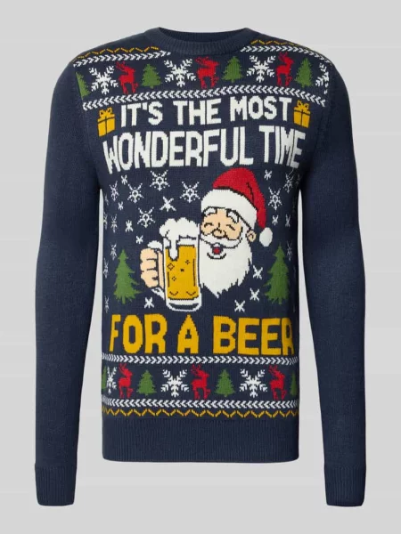 Sweter z dzianiny o kroju regular fit z wyhaftowanym motywem Montego granatowy