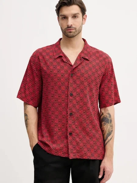 HUGO košulja za plažu muška BEACH SHIRT RELAXED crvena
